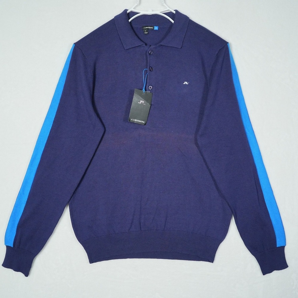 J.Lindeberg Gerson Intarsia Knit Polo Sweater Navy Purple Blue Stripe XL NWT